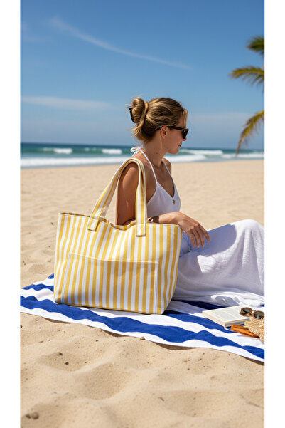 Hedwig Design Premium Kadın Pamuk Dokuma Renkli Çizgili Astarlı Plaj Çantası ...