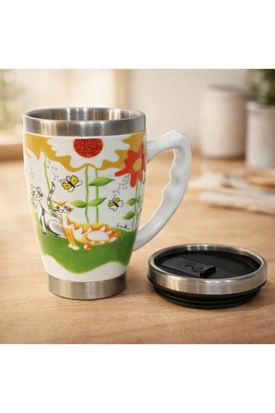 Luyano Renkli Kedi Desenli Seramik Cat Termos Kupa Bardak 300 ml 1 Adet – Kap...