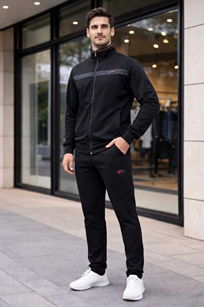 wera Siyah Yeni sezon yakası nakışlı iki iplik erkek eşofman takımı
