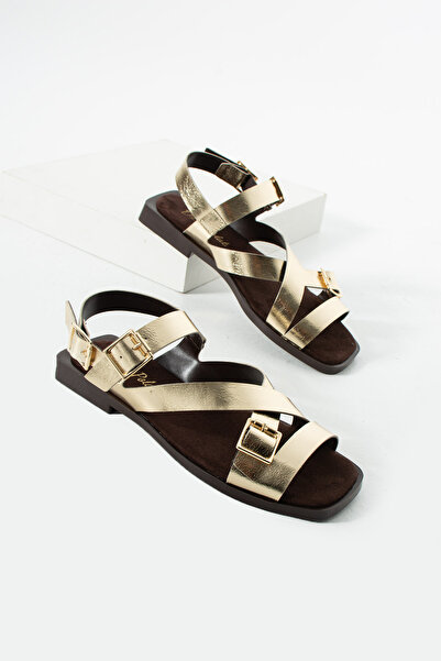 diclepolat Women's Gold Cross-Strap Buckle Sandals – Flat Sole Comfortable Ca...