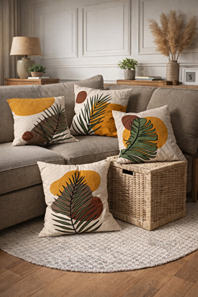 SasoHome Special Design Honey Color Palm Tasarımlı 4lü Dijital Baskılı Kırlen...