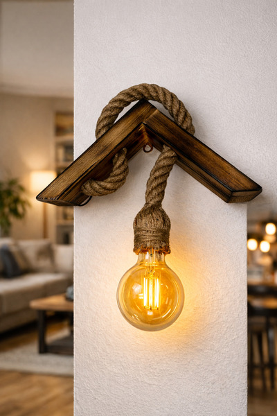 ŞEN AHŞAP AVİZE TASARIM HALATLI DUVAR APLİK RUSTİK ESKİTME TEKLİ AVİZE