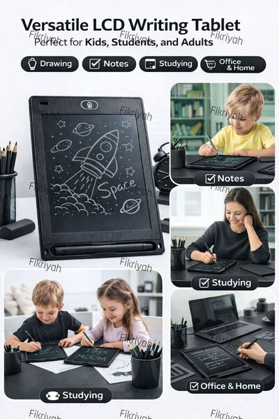 Fikriyah أسود | لوحة كتابة LCD مقاس 12 بوصة | لوحة رسم رقمية قابلة لإعادة الا...