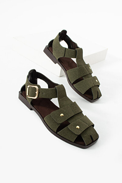 diclepolat Women's Khaki Green Suede Buckle Sandals Flat Sole Comfortable Dai...