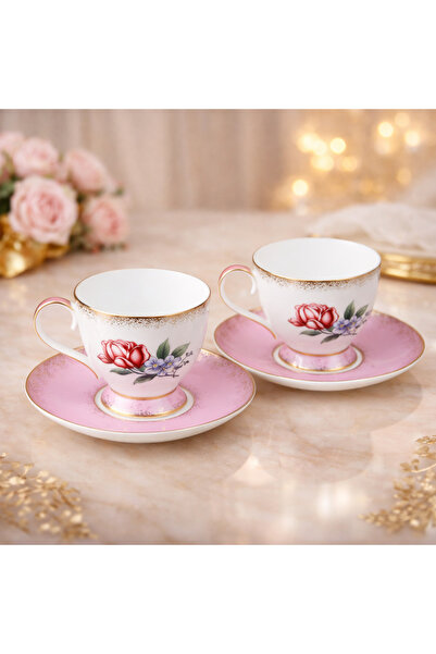 Luyano Rose Pink 2-Piece Coffee Cup New Bone China Set Round Artificial Bone ...