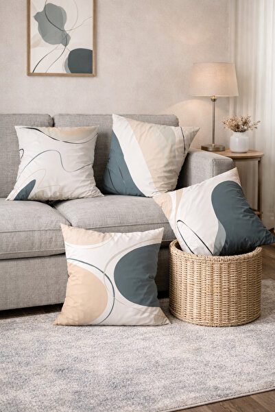 SasoHome Modern Cream - Turquoise Surreal Lines Designed Set of 4 Digital Pri...