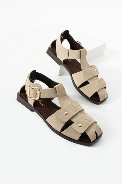 diclepolat Sandale de damă din piele intoarsa bej cu catarama – Talpa plată, ...