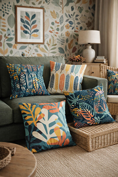 SasoHome Colorful Feather - Renkli Tüyler Desenli 4lü Dijital Baskılı Kırlent...