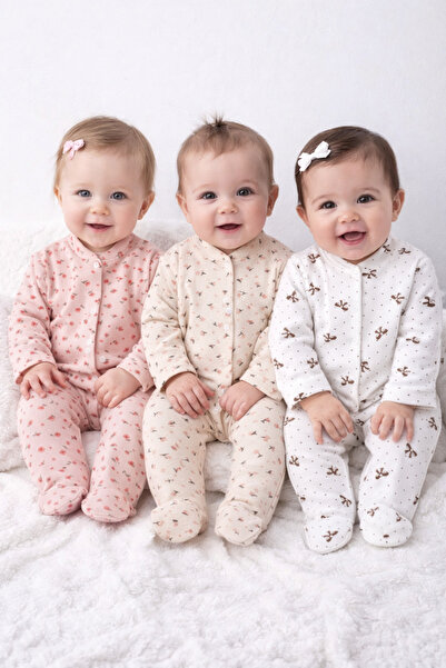 Mıdırık Baby Girl Patterned Colorful 3-Piece Jumpsuit Set Newborn Outfit 3-6 ...