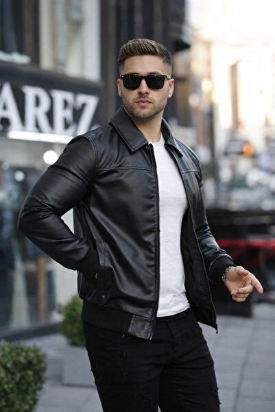 İLKCET MODA Seasonal Men's Faux Leather Jacket with Elastic Waist