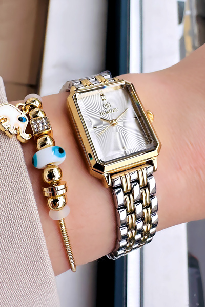 Homies ساعة يد نسائية بسوار فولاذي ذهبي فضي اللون - مقاومة للماء 3 ATM + سوار...