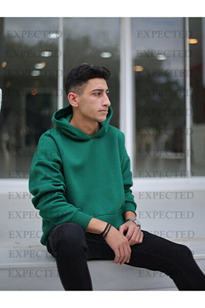 EXPECTED Ανδρικό πράσινο φούτερ με κουκούλα, oversize, με 3 κλωστές και ριμπ ...