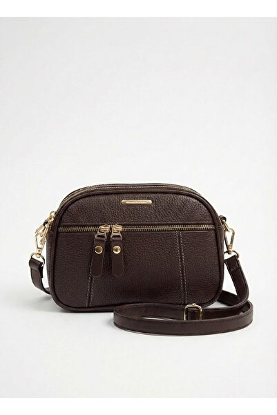 Heybe shop Kadın Kontrast Dikişli Gold Aksesuarlı Çok Fermuarlı Çapraz Askılı...