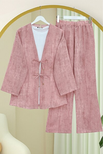Modamorfo Önü Bağlamalı Pantolonlu Keten Kimono Takım -Pudra
