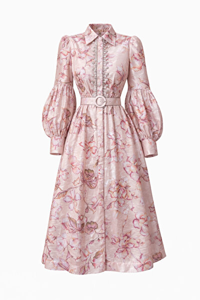 Julidress Pink Stone Embellishment Detailed Belted Premium Design Linen Dress