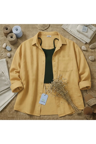 fatma keskin linna butik Pastel Hardal Sarı Keten Gömlek Yeni Sezon Yazlık Gö...