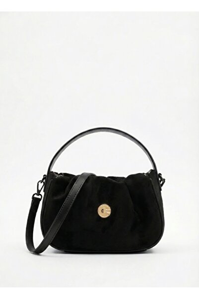 Heybe shop Kadın Gold Logolu Büzgülü Süet El ve Omuz Çantası