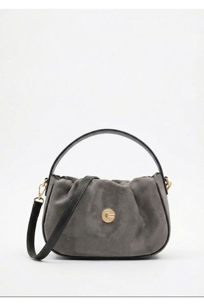 Heybe shop Kadın Gold Logolu Büzgülü Süet El ve Omuz Çantası