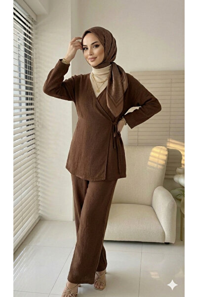 SSDESİNG QETEEN طقم كيمونو وبنطلون من الموسلين بقصة فضفاضة - بني