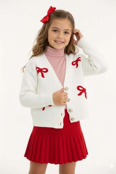 Fulla Moda Fiyonk Nakışlı V Yaka Kız Çocuk Hırka