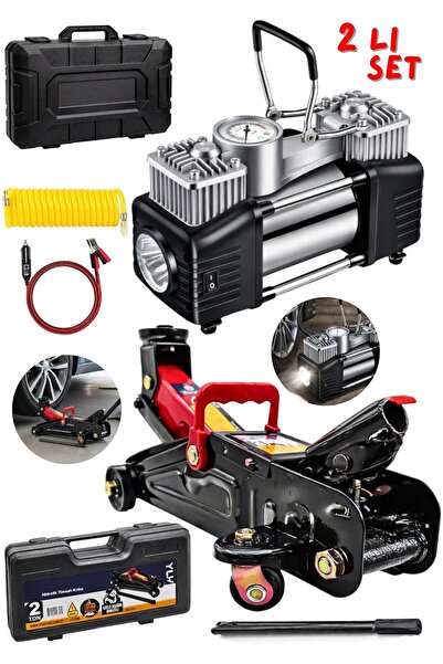 MOONSHOP 2 Ton Hidrolik Kriko Ve Çift Pistonlu Şişirme Kompresörü 2 li Set Ça...