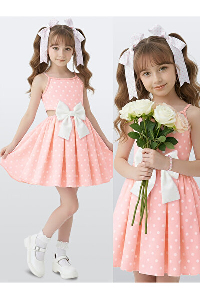Denokids Kız Çocuk Elbise Pamuk Poplin Pembe Beyaz Puantiyeli Büyük Fiyonk De...