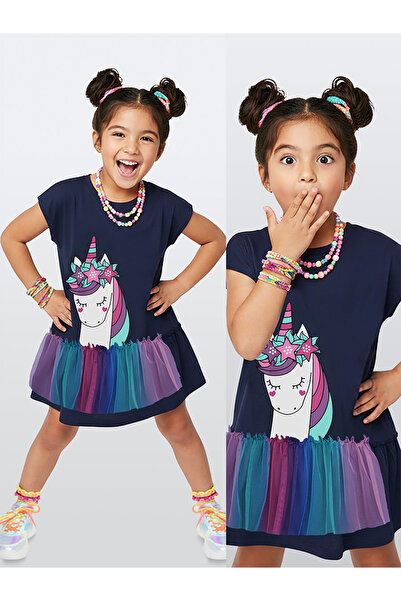 Denokids Girl's Dress Navy Blue Cotton Combed Cotton Unicorn Tulle Summer Dre...