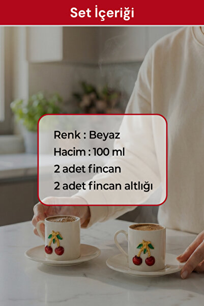 Heda Porselen Kiraz Işlemeli 4 Parça 2 Kişilik Porselen Kahve Fincan Takımı