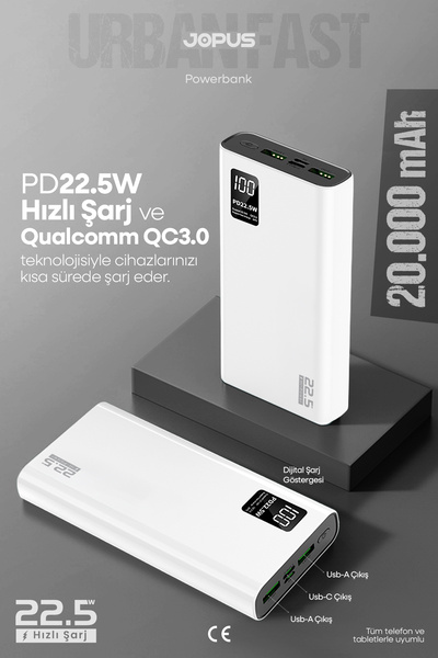 Jopus 20000mAh PowerBank PD 22.5W Hızlı Şarj - Dijital Ekranlı - Taşınabilir ...