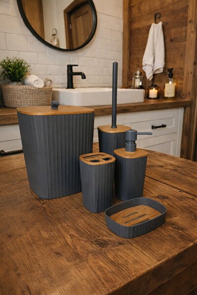 Okyanus Home Adhesive Wood Patterned Sapphire Anthracite 5-Piece Bathroom Set