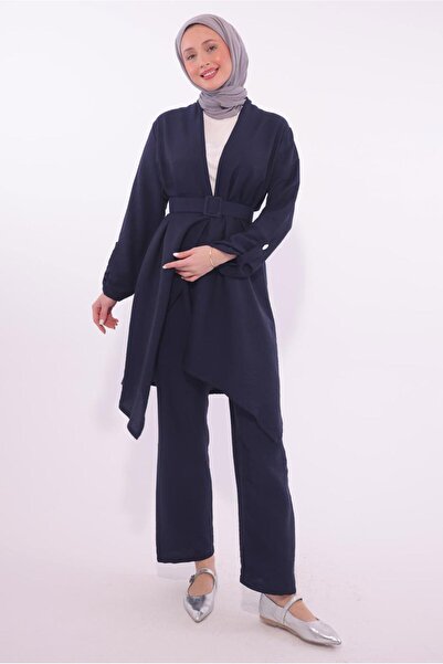 TRENDTESETTÜR KADIN LACİVERT KEMERLİ PANTOLONLU TAKIM T 0274