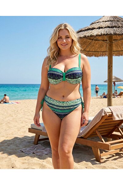 hazelin Kadın Yeşil Taş İşlemeli Etnik Desenli Astarlı Büyük Beden Bikini Tak...