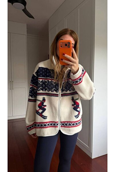 Mzr Collection KADIN ÇİFT KAYAK DESEN TAM FERMUARLI MAVİ SWEATSHİRT