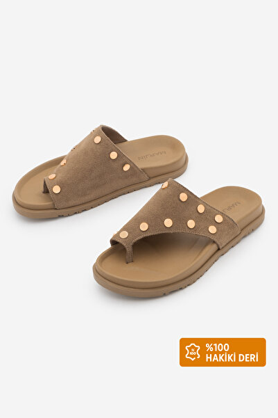 Marjin Kadın Hakiki Deri Parmak Arası Bantlı Zımbalı Günlük Terlik Nobi Camel...