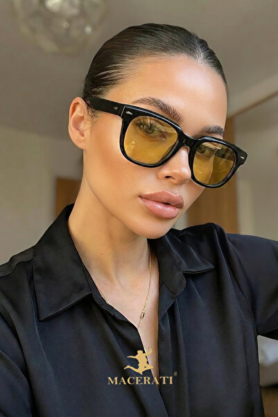 MACERATİ Oval Unisex Black Oval Frame Yellow Glass Sunglasses