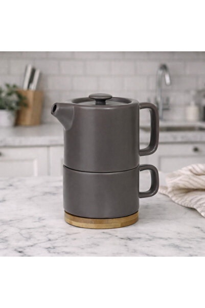 Manolex Set Ceainic cu Ceasca si Baza din Bambus Soli Cera Natura Tortora