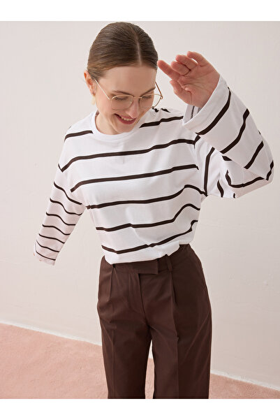 Benin Çizgili Basic Tunik - Ekru - Kahverengi Çizgili -