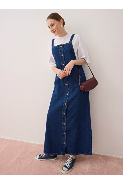 Benin Pamuklu Denim Jile Elbise - Mavi -