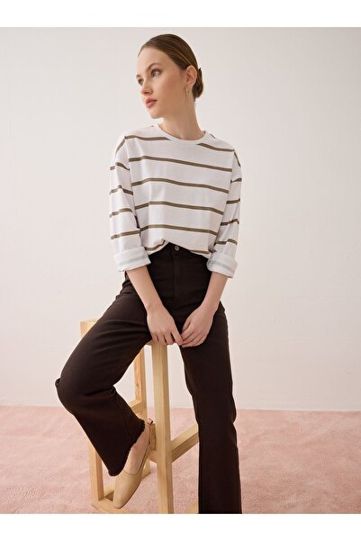 Benin Çizgili Basic Tunik - Ekru - Vizon Çizgili -