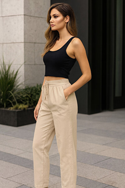 deniva Trend Oversize Beige Linen Trousers