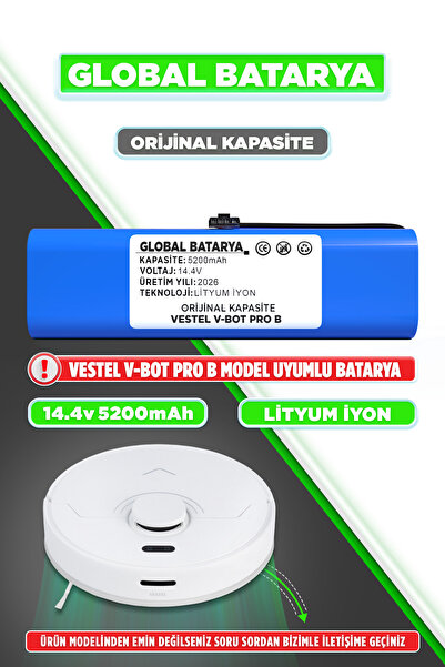 GLOBAL BATARYA Vestel V-Bot Pro B Uyumlu Robot Süpürge Bataryası 14.4v 5200mA...