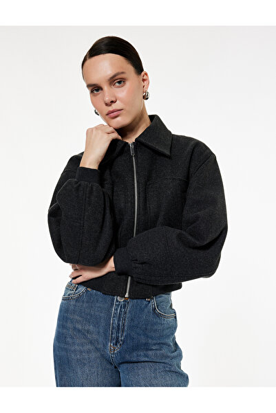 Koton Zippered Long Sleeve Crop Bomber Cashmere Jacket