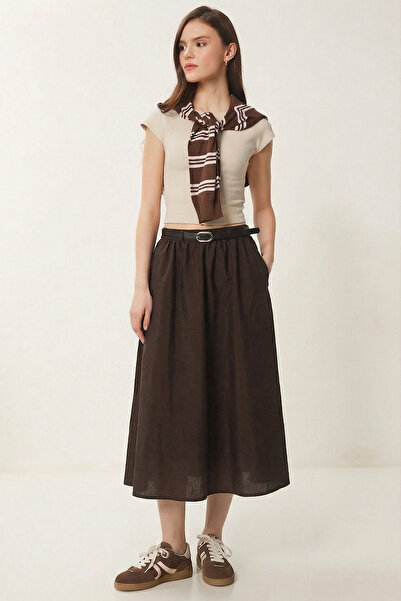 Lovelyİstanbul Kemerli Cepli Midi Paraşüt Etek LCR0113 KAHVERENGİ