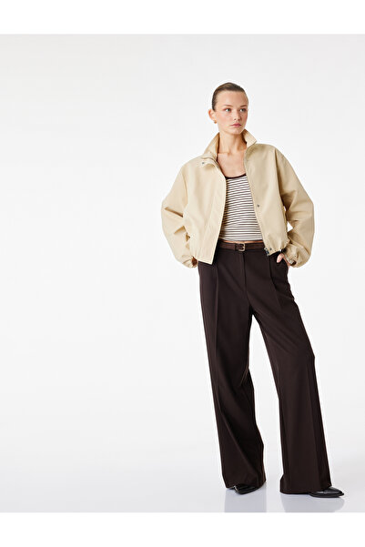 Koton Long Sleeve Pocketed Zippered Stand Collar Crop Gabardine Bomber Jacket