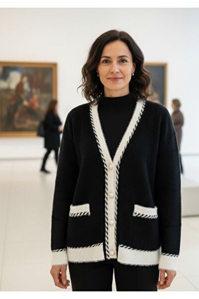 URUMDAY سترة نسائية تريكو ذات أزرار وياقة على شكل حرف V بلونين