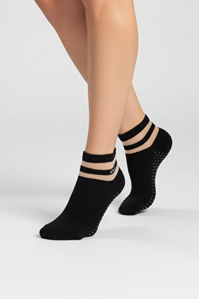 ALLUNIQUE Siyah Kaydırmaz Taban Yoga ve Pilates Çorabı Tencel Lifli