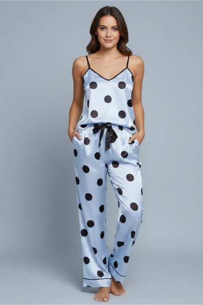 DOFİ Γυναικείο Σετ Πιτζάμες Σατέν με Μπλε Σχοινί – Πουά, λαιμόκοψη σε σχήμα V...