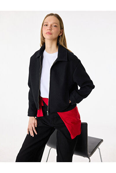 Koton Classic Collar Zippered Crop Jacket with Pocket Detail
