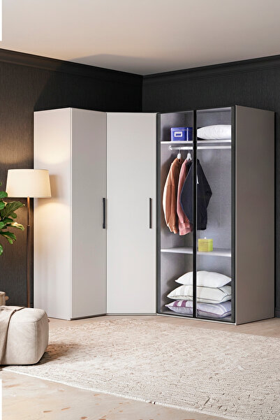 benim odam Diva 4 Kapaklı Beyaz Dolap 10 Raflı Cam Kapaklı Köşe Geniş Gardıro...