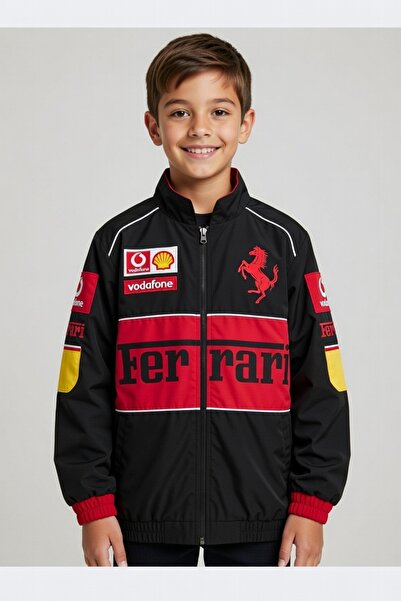 Lushen Çocuk Ferrari Paraşüt Kumaş Oversize Dijital Baskılı Siyah Kırmızı Rüz...